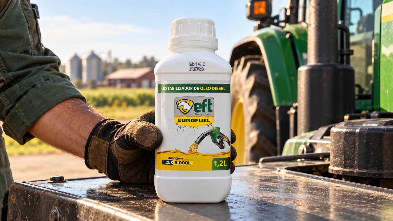 Cena ilustrativa de preparação para abastecimento: profissional com luvas segura Eurofuel junto a um trator no campo